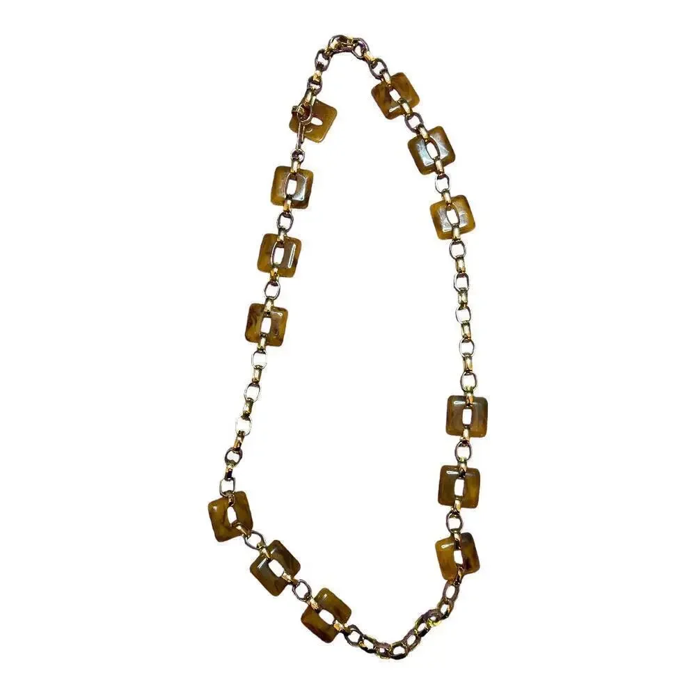 Brown Faux Amber Stone & Gold Chain Necklace 15